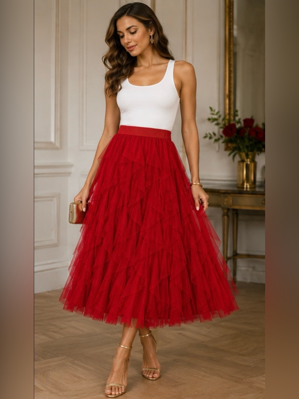 CeCe Red Tiered Tulle Midi Skirt NWT Size Medium - Picture 2 of 14